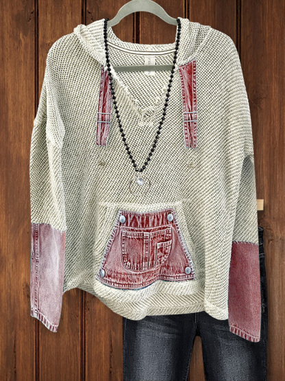 Casual Denim Patchwork Knitted Hoodie